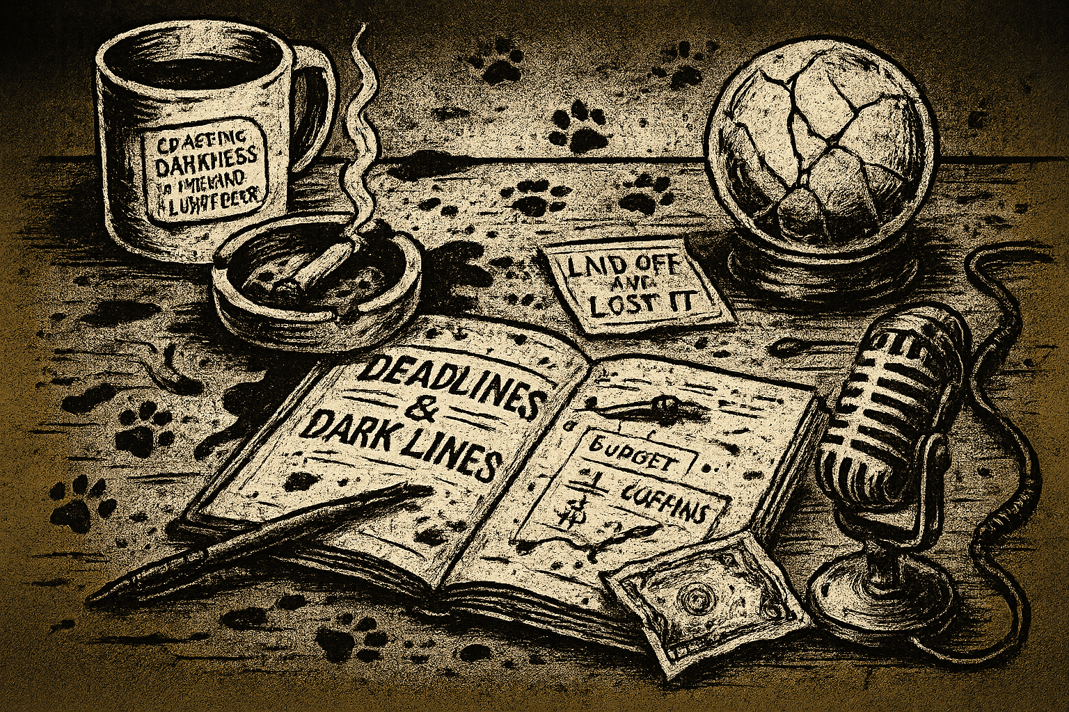 Black and white ink illustration of a gritty, chaotic workspace. An open planner labeled “Deadlines & Dark Lines” sits beside a crumpled note that reads “Laid Off and Lost It,” a coffee mug that says “Crafting Darkness in the Land of Light Beer,” a burning cigarette in an ashtray, a cracked crystal ball, a vintage microphone, scribbled budget notes marked “Coffins,” and scattered cat paw prints across a stained, textured desk.