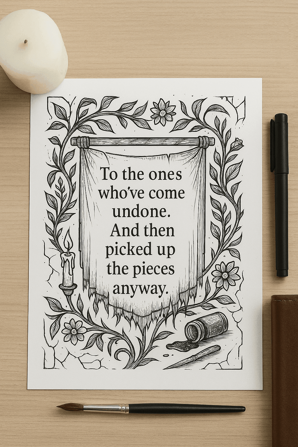 Gothic printable coloring page on desk with candle, pens, and notebook. Features quote: “To the ones who’ve come undone…” with floral scroll, ink bottle, and vines. Black and white emotional healing art for journaling or self-care.