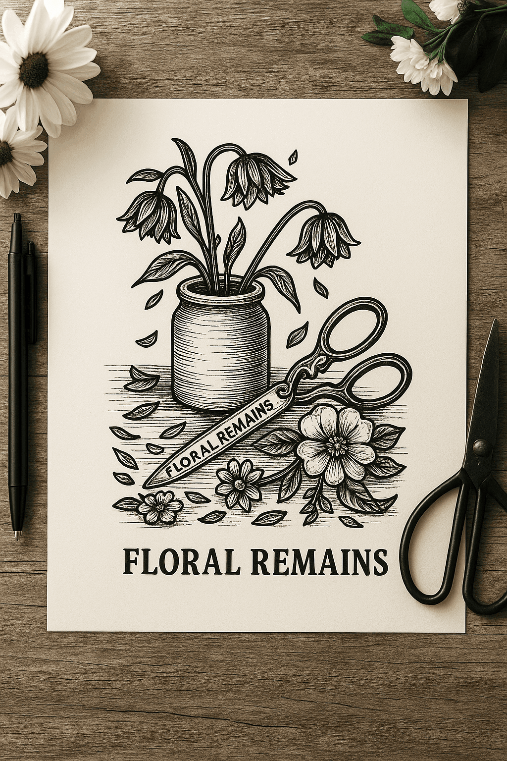 Floral gothic coloring page titled “Floral Remains” printed on paper, surrounded by black pen, scissors, and daisies on a wooden surface. Features wilted flowers in a jar, falling petals, and vintage shears. Printable dark botanical artwork for grief, healing, or journaling.