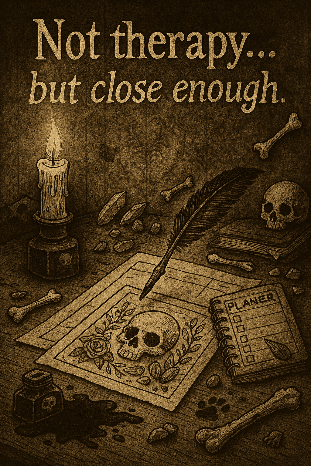 Sepia-toned gothic ink illustration featuring the bold phrase “Not Therapy... But Close Enough” on aged parchment. Surrounded by haunting elements like ink blots, scribbles, and subtle skull and candle motifs, the design evokes a darkly humorous take on journaling, burnout, and emotional chaos.