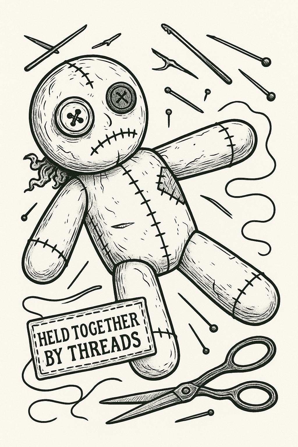 Black-and-white ink drawing of a stitched voodoo doll with mismatched button eyes. Surrounded by needles, thread, scissors, and pins. A stitched label reads “Held Together by Threads,” symbolizing fragile resilience and emotional unraveling.