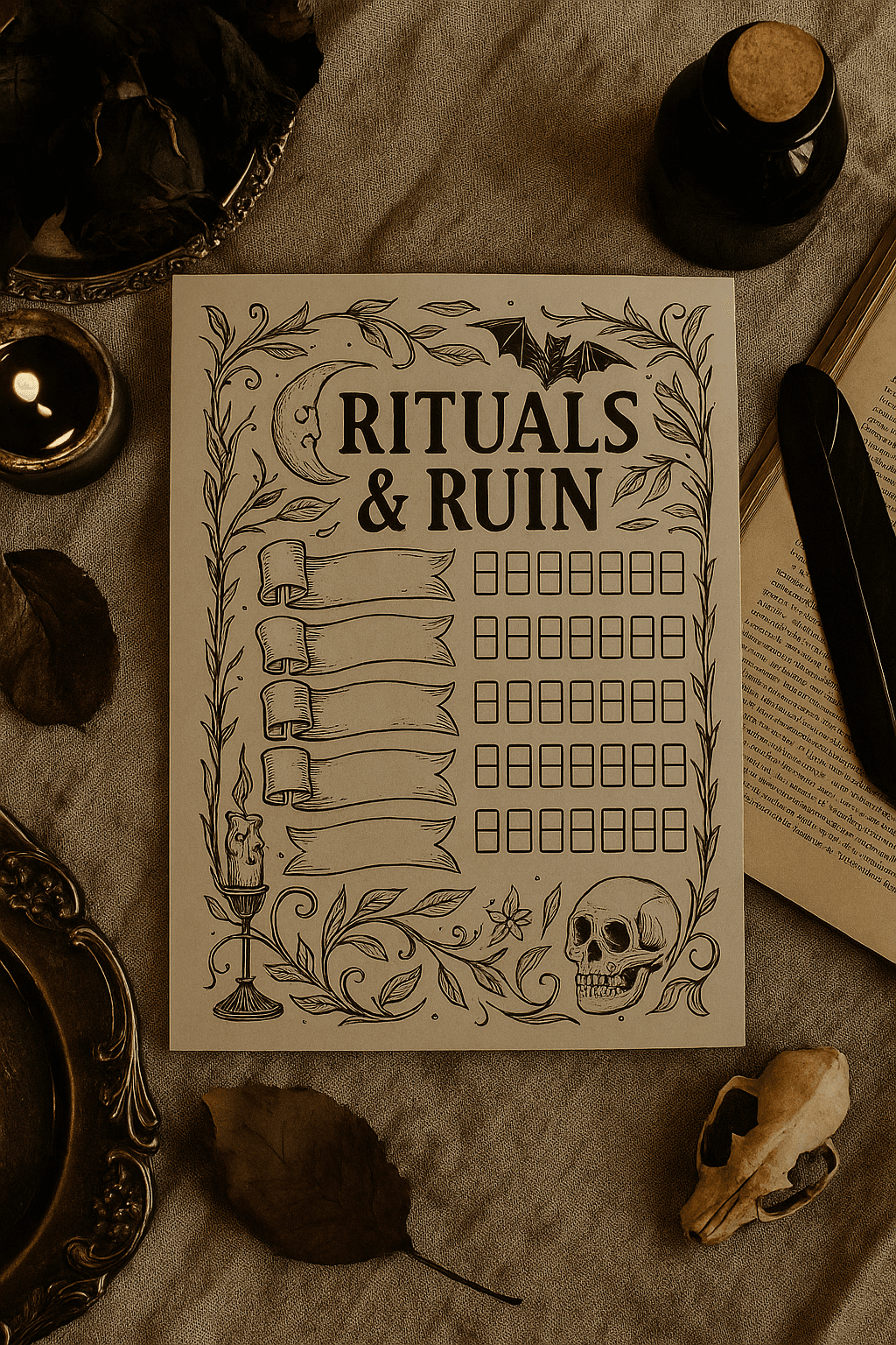 A gothic-style printable habit tracker titled “Rituals & Ruin,” featuring ornate banners, checkboxes, and hand-drawn artwork of candles, vines, and a skull. The page is set on a textured background with witchy items like a feather quill, old book, and dried leaves.