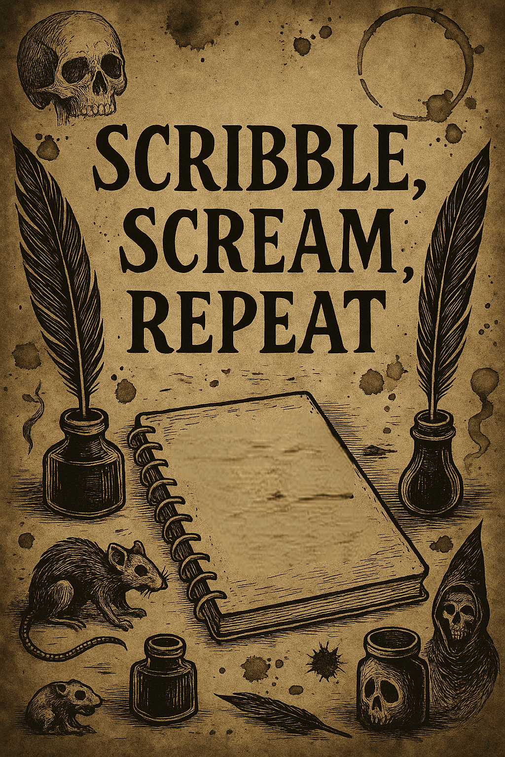 Sepia-toned hand-drawn illustration with the phrase “Scribble, Scream, Repeat” on distressed parchment. Featuring gothic elements like a quill, inkwell, and open planner page, the design captures the chaotic beauty of journaling through emotional spirals with a darkly whimsical flair.