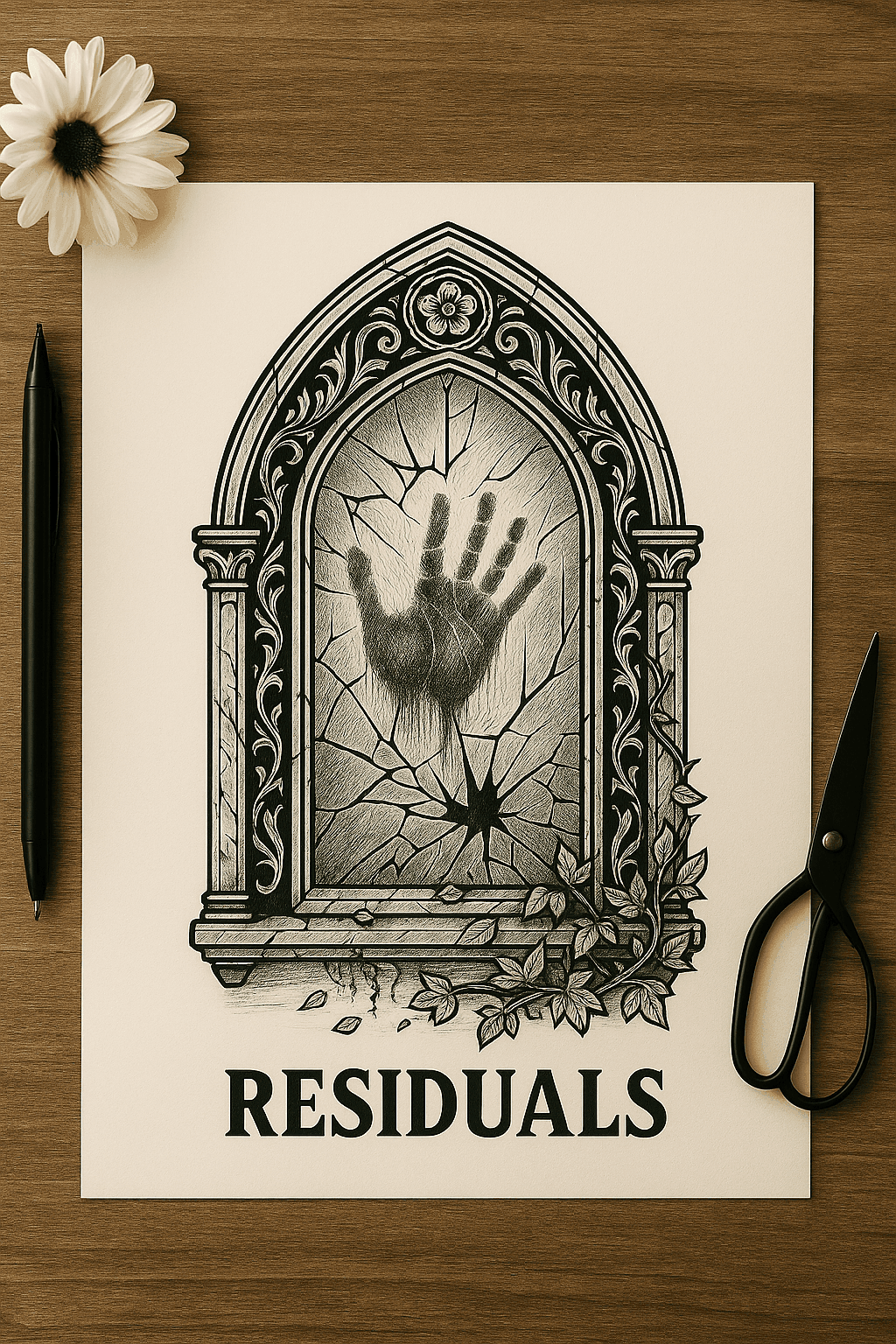 A gothic printable coloring page titled "Residuals" is displayed on a wooden desk with daisies and scissors. The artwork features a shattered cathedral-style stained glass window with a ghostly handprint at the center and creeping ivy growing around the frame. Ideal for trauma healing, grief journaling, or spooky self-care. 8.5x11 instant download.