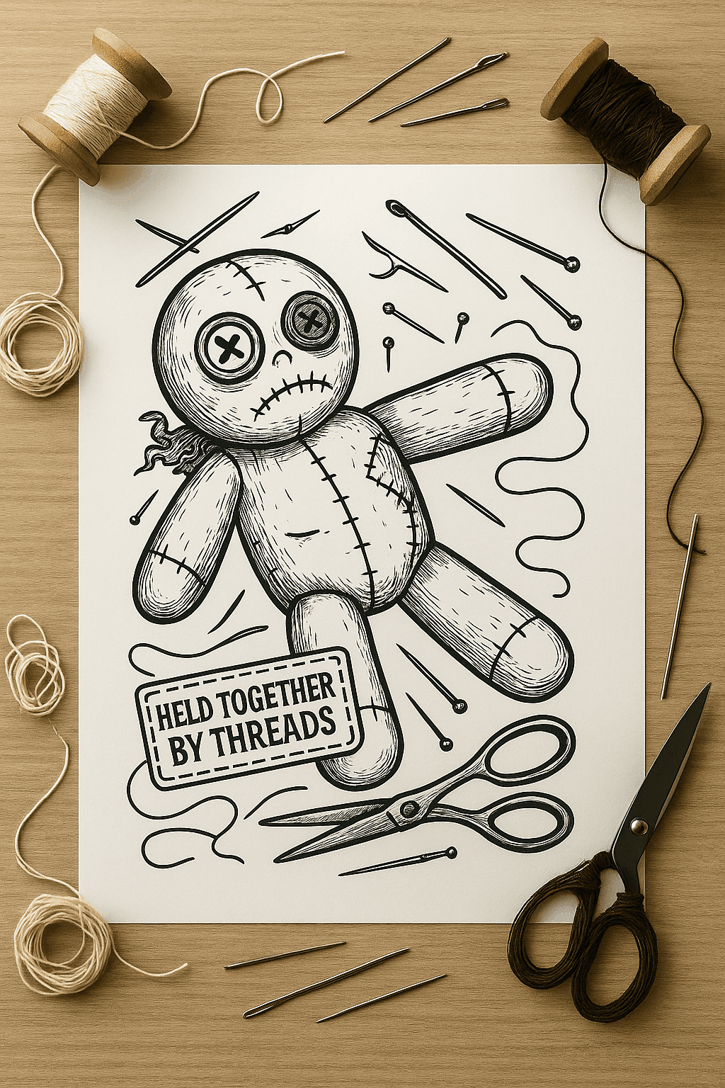 Gothic coloring page of a stitched voodoo doll with pins, scissors, and thread, printed on paper and surrounded by sewing tools on a wooden table. Title reads “Held Together By Threads.” Printable emotional healing art for grief, anxiety, or mental health journaling.