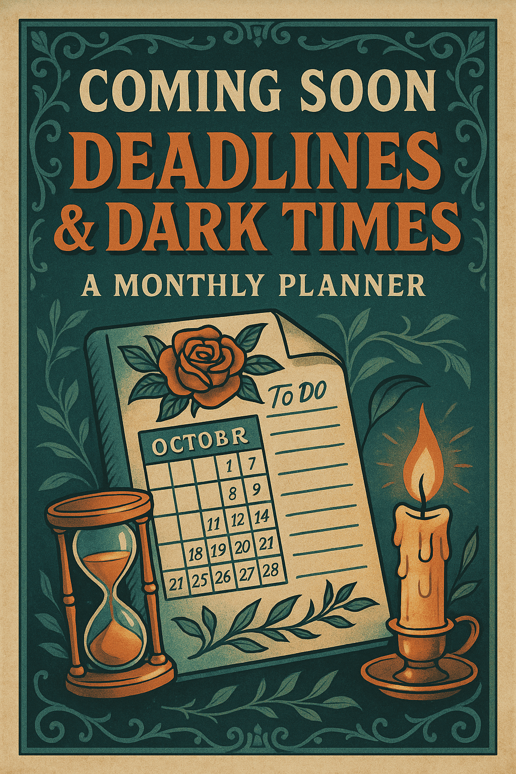 A vintage-style promotional poster for "Deadlines & Dark Times: A Monthly Planner." The design features ornate floral borders, a candle, hourglass, and a calendar page marked "October," with a rose and "To Do" list. Bold text at the top reads “Coming Soon,” with rich teal, orange, and cream tones creating a nostalgic, gothic feel.