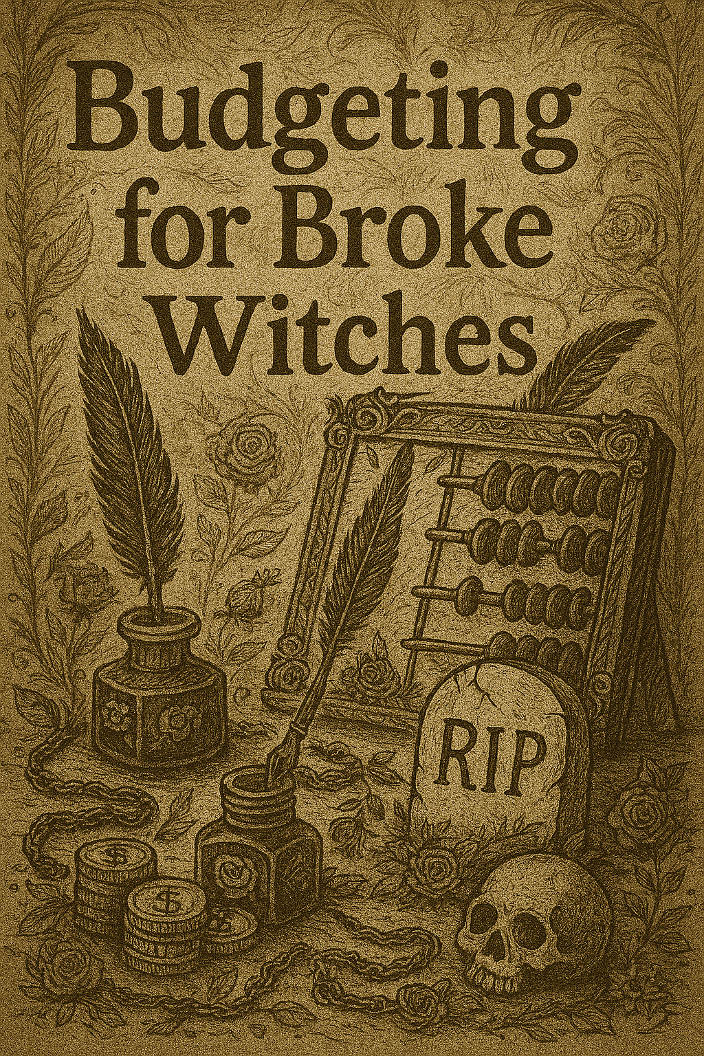 Vintage-style sepia ink illustration titled “Budgeting for Broke Witches,” featuring gothic hand lettering on aged parchment. Surrounded by moody financial symbols like coins, quills, candles, and distressed textures, the design blends spooky aesthetics with practical budgeting themes for a darkly magical vibe.