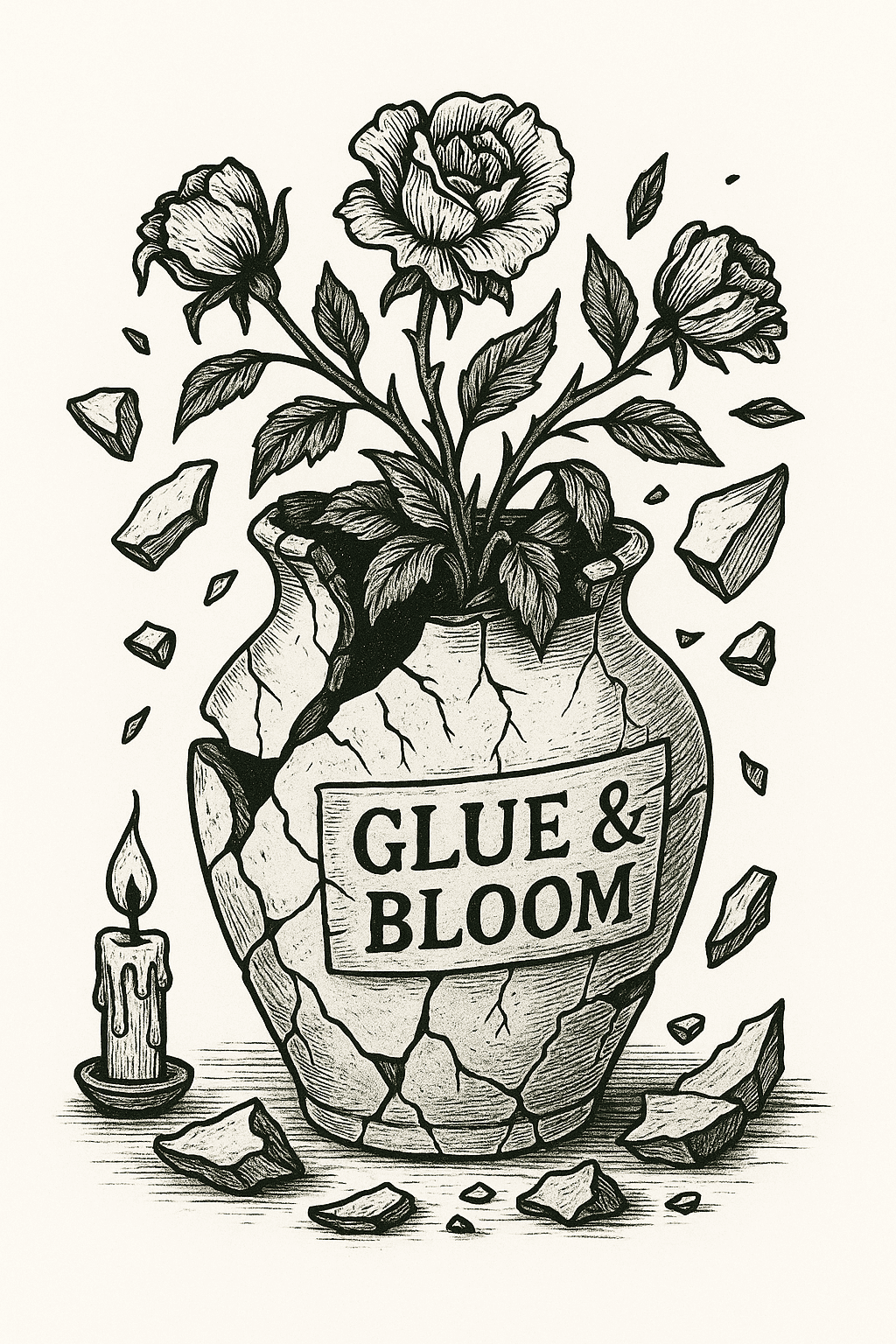 Black-and-white ink illustration of a cracked vase labeled “Glue & Bloom,” with flowers growing from the top. Shattered pieces float around it, accompanied by a melting candle, symbolizing resilience and growth through brokenness.