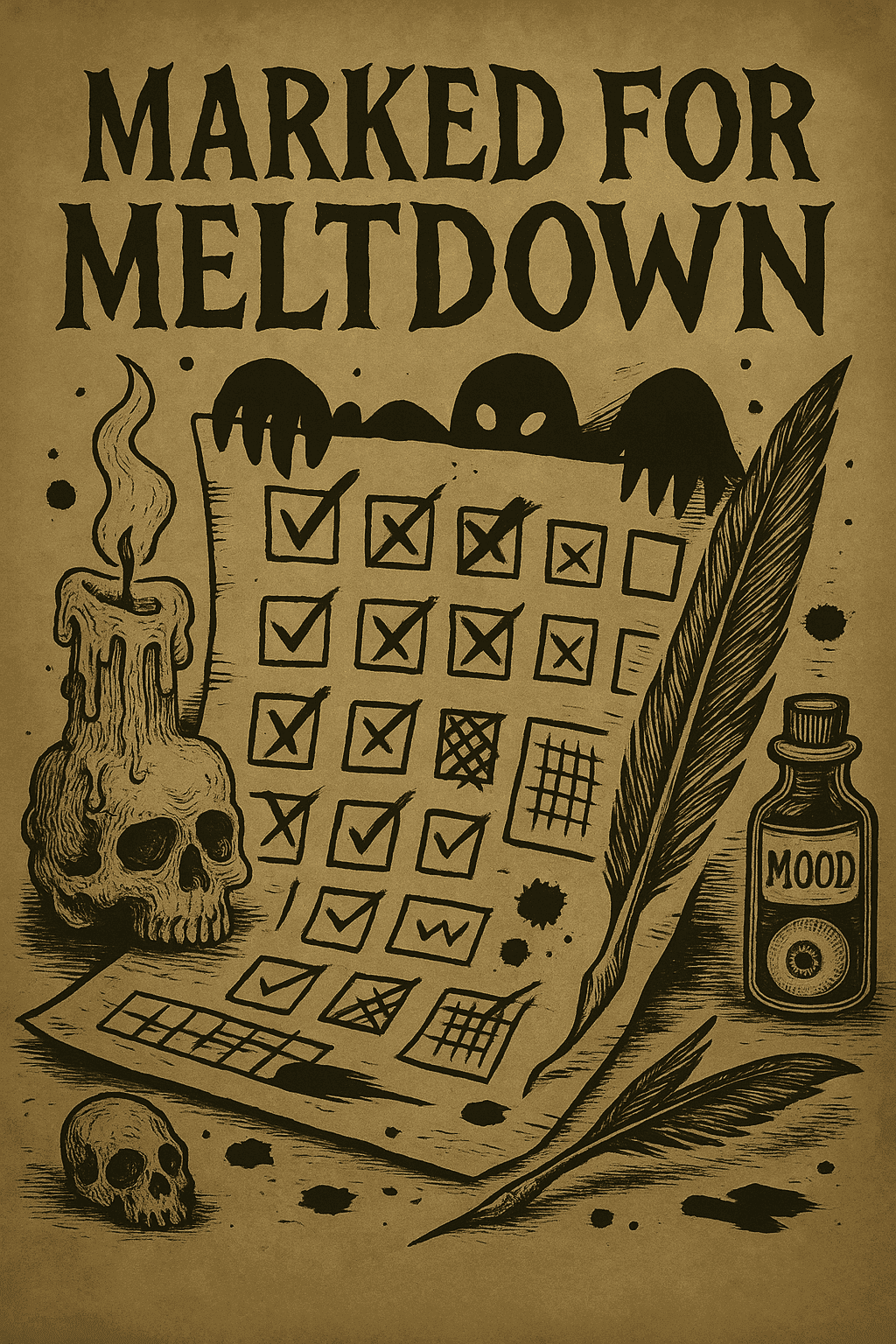 Sepia-toned hand-drawn illustration titled “Marked for Meltdown,” featuring a parchment page filled with crooked checkboxes, some ticked and others scratched out. Gothic ink splatters, scribbles, and distressed textures frame the chaotic layout, capturing the theme of burnout and emotional overload in a darkly whimsical style.
