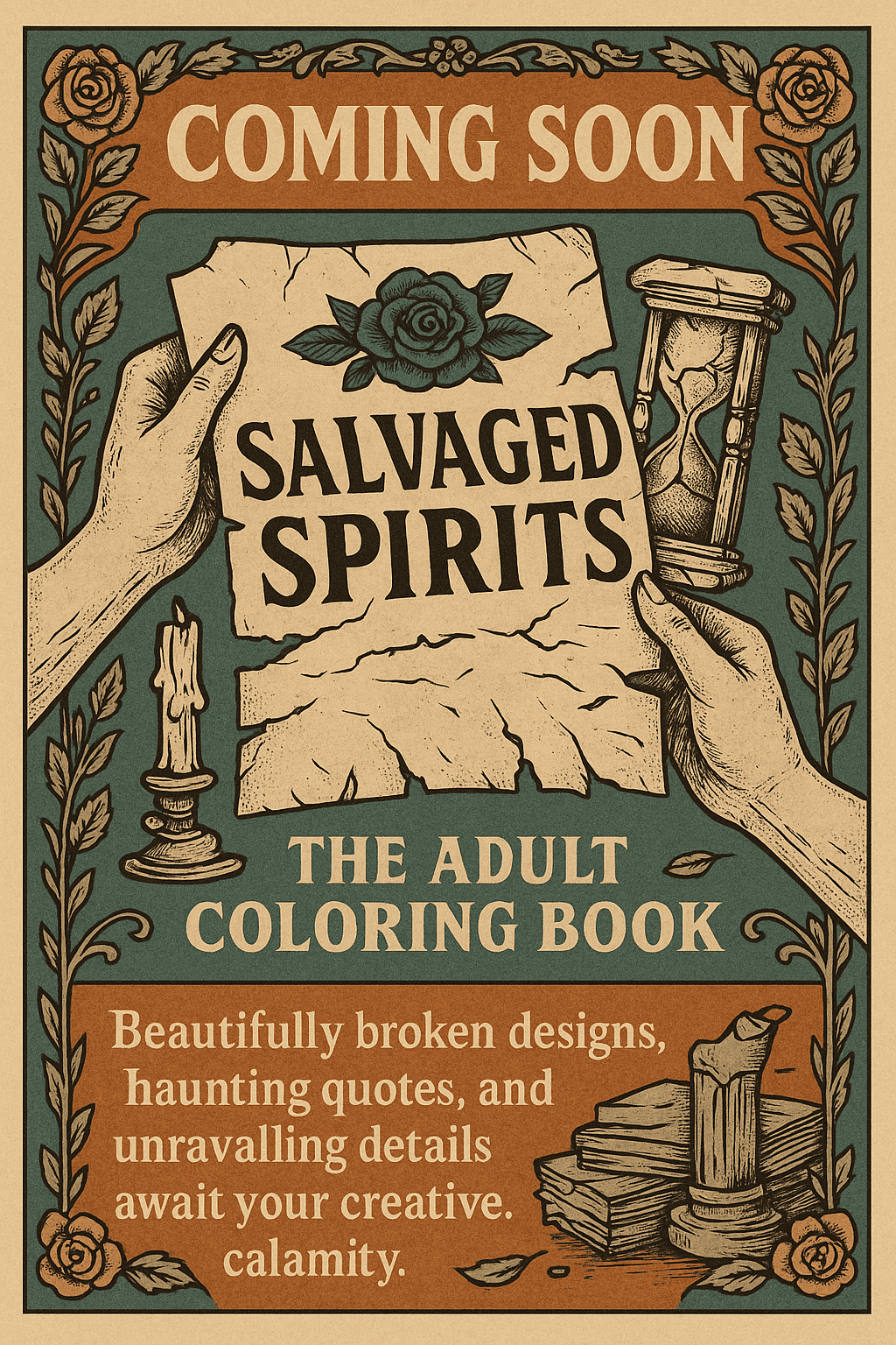 A vintage-style promotional poster for "Salvaged Spirits: The Adult Coloring Book." The design features ornate floral borders, a parchment scroll held by two hands, and an hourglass, candle, and rose. Muted teal, orange, and cream tones frame the bold “Coming Soon” banner. Subtext reads: “Beautifully broken designs, haunting quotes, and unravelling details await your creative calamity