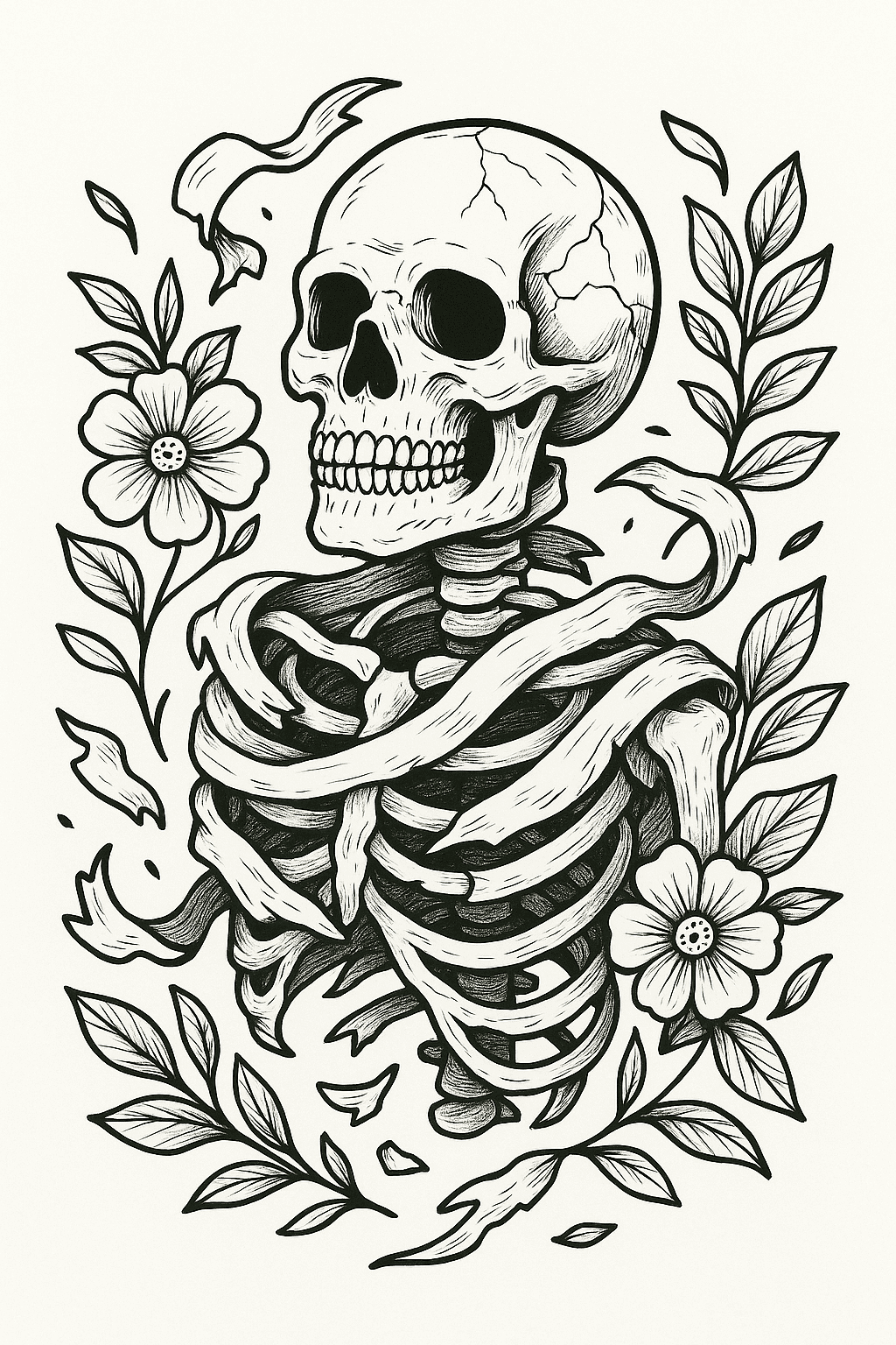 Black-and-white ink illustration of a grinning skeleton surrounded by blooming flowers and leafy vines. The design is detailed and decorative, blending gothic and botanical elements in a tattoo-style composition.