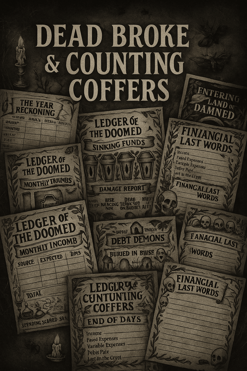 A gothic-style collage of printable budgeting pages titled “Ledger of the Doomed,” featuring hand-drawn skeletons, coffins, skulls, and spooky fonts. The pages include titles like “Sinking Funds,” “Financial Last Words,” “Debt Demons,” and “The Year of Reckoning,” all in a dark, vintage horror aesthetic.